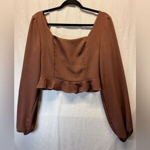 Chocolate Brown altar’d state Long Sleeve Cropped Top | Balloon Sleeves | Ruffle